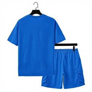 Men's Blue Oversized T-Shirt Cargo Shorts Set Crew Neck Solid Casual Summer Knitted 100% Cotton Breathable Anti-Shrink 220 Grams - Product Image 2
