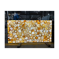Panneau mural de douche de luxe en agate de cristal brun naturel translucide au design rétroéclairé unique