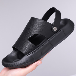 Sandalias de cuero genuino para hombre, con punta abierta, suela de goma, informales, para verano - Product Image 1