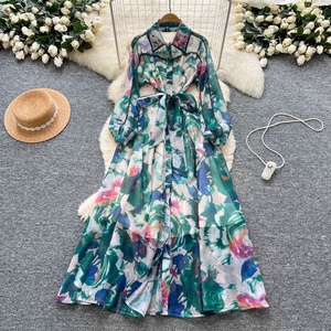Vestido de mujer de alta gama con cuello de solapa con cuentas, manga larga, estampado, <span class=keywords><strong>para</strong></span> primavera, con lazo en la cintura y abotonadura sencilla. - Product Image 1