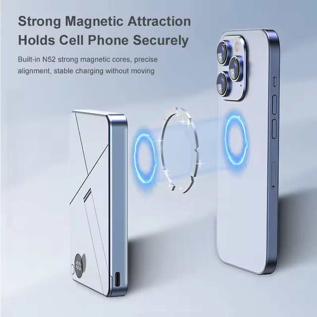Portable 3-in-1 20W 15W Fast Charging Magnetic Wireless Power Bank with Aluminum Alloy Holder for iPhone and 5000mAh Battery