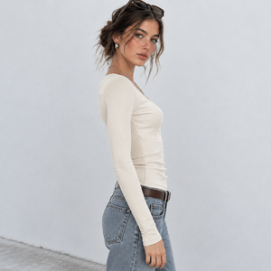 Camiseta de manga larga elástica ajustada con encaje tejido y patchwork para mujer, estilo casual urbano - Product Image 2