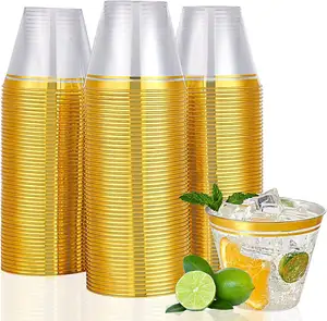 Gobelets en plastique transparents à bords dorés jetables de 9 oz pour mariage Verres à vin en plastique élégants et réutilisables Tasses en or Tasses à cocktail