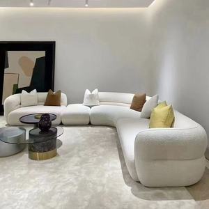 أريكة زاوية بتصميم نوردي بسيط من قماش المخمل الناعم بلون كريمي، طقم كنب مقطعي من صوف الخروف لغرفة المعيشة - Product Image 1