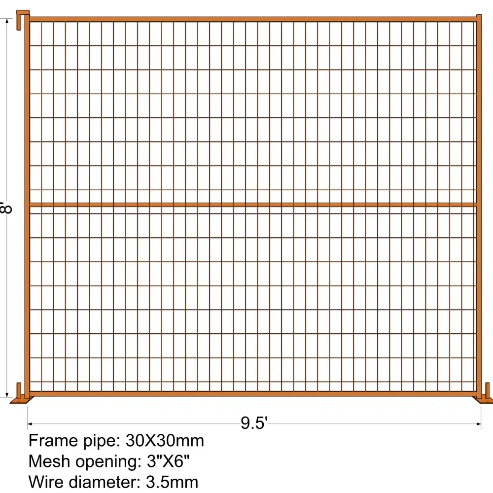 8'*9.5' ข้อมูลจําเพาะที่มีจําหน่ายของรั้วชั่วคราวแบบเชื่อมมาตรฐานแคนาดาเคลือบสีเขียว