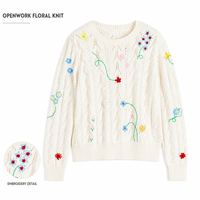 Pull en maille ajouré ivoire personnalisé pour femme, broderie florale, style vintage décontracté, manches longues, col rond, pour l'automne