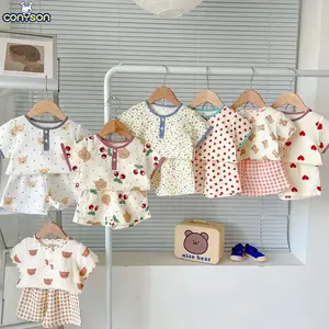 Conyson Kid Summer Casual Sets Cute Bear T-shirt Baby Girls Cherry Short Sleeves Tops And Simple Plaid Loose Cotton Shorts Sets