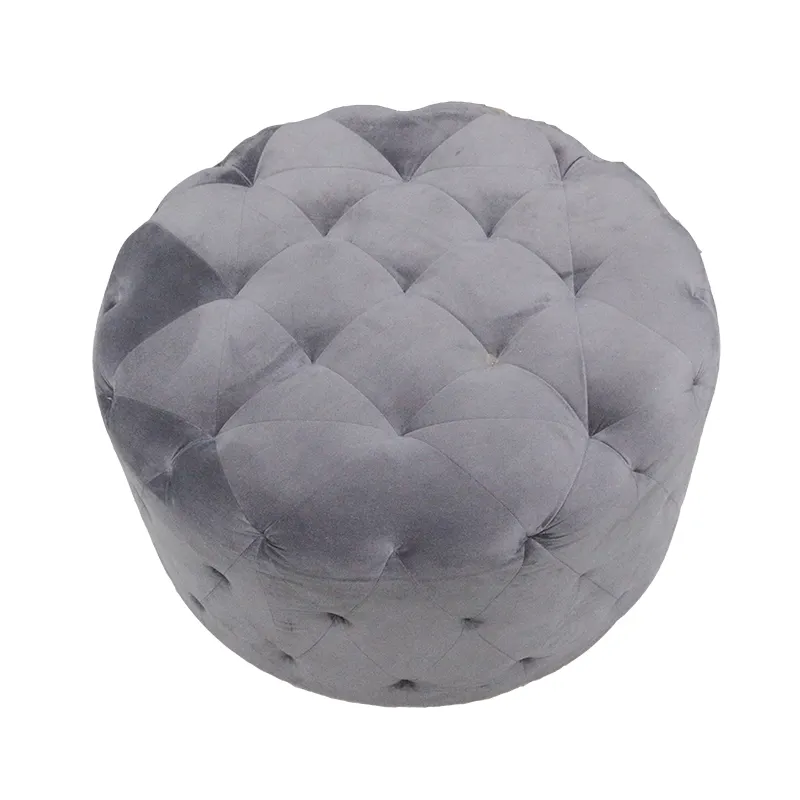 Hot Sale Whole Cheap Modern Upholstery Stool Blue Velvet Fabric Tufted Round Pouf Ottoman Chair