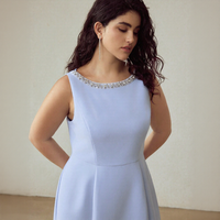 Robe moulante mi-longue décontractée pour femme, en tissu respirant, avec col orné, bleu clair, sans manches, pour soirée