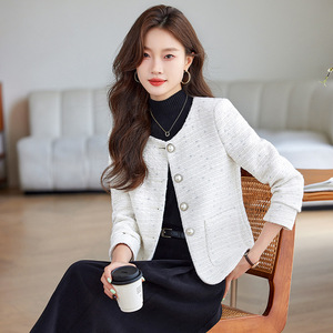 White Wool Blazer For Women Short Coat Elegant Casual Spring Autumn Style With Pocket No-Wrinkle Treatment - Product Image 1