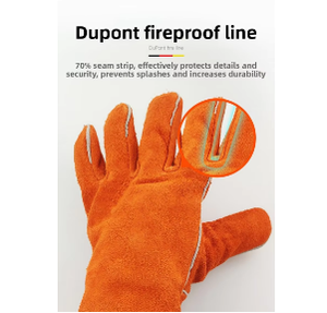 Certifié CE EN12477 Orange <span class=keywords><strong>Rouge</strong></span> Pouce Droit Vache Deuxième Couche Cou Gants de Sécurité en Cuir pour le Soudage Isolation Thermique Flamme - Product Image 5
