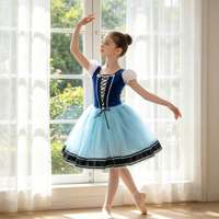 Costumes de tutu de ballet pour filles en velours bleu à manches bouffantes, ensembles de jupes en tulle bleu clair à lacets, robes de danse classique pour enfants pour spectacle sur scène