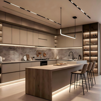 Meuble de cuisine modulaire moderne en contreplaqué blanc avec porte vitrée, évier, bande lumineuse, îlot, tiroir et surface facile à nettoyer