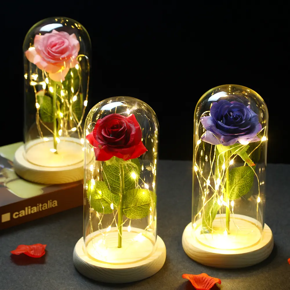 Rose mãi mãi tình yêu ủng hộ đám cưới của các bà mẹ quà tặng ngày lụa vĩnh cửu bảo quản hoa hồng hoa trong Glass Dome với LED ánh sáng