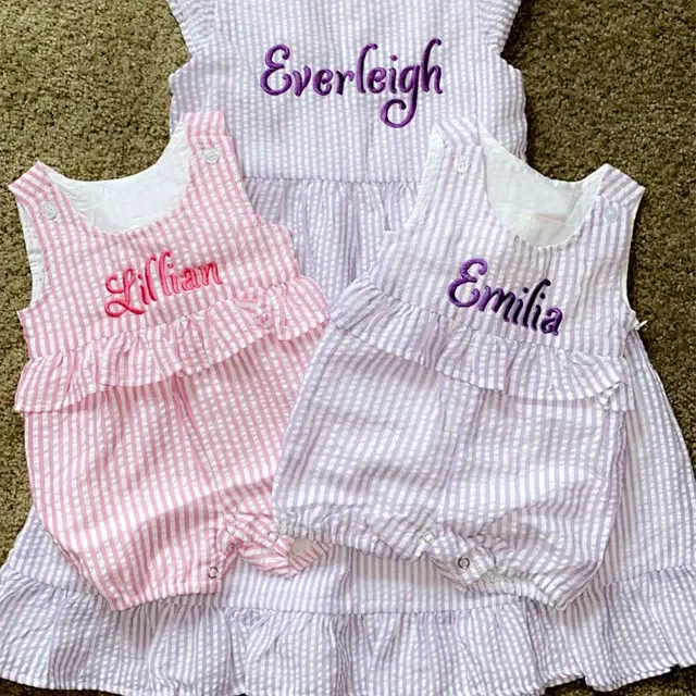 Summer Monogrammed Twins Seersucker Rompers Girl and Boy Outfits toddler baby bubble romper bodysuit