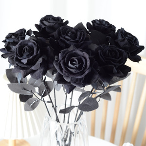 Artificial Flower Decorative Handmade Green Plant Pure Black Rose Bouquet Dark Gothic Flannel Silk <strong>Flo</strong> - Product Image 3