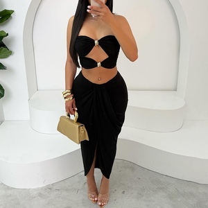 Summer New Hollow Backless Bustier Top High Waist Solid Color <b>Split</b> Half-body <b>Skirt</b> Women's 2-piece Set Fashion - Product Image 4