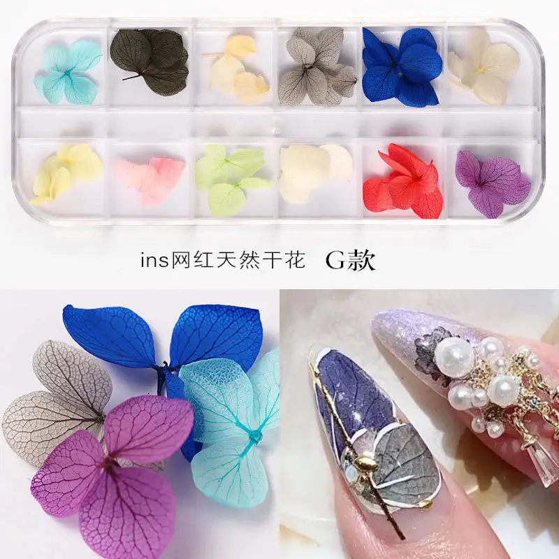 12 griglie primavera estate stile fiori secchi decorazioni per unghie fiori secchi adesivi foglia naturale 3D Nail Art Design Charms