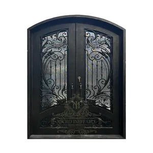 Fancy Cheap Security Main Door Entrance Gate Security Front Steel Double Entry Door Wrought Iron Door With Blue Tinted Glass