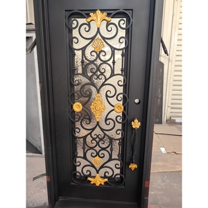 Preço barato Exterior Simples Grill Design Duplo Vidro Entrada Principal Ferro Forjado Portas Frontais