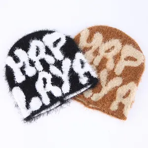 Custom Winter Knitted Hat All Over Logo Beanies High Quality Knit Jacquard Faux Fur Beanie