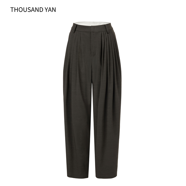 Elegant Wool Blend High Waisted Pleated Wide Leg Trousers Women Business Casual Office Suit Pants