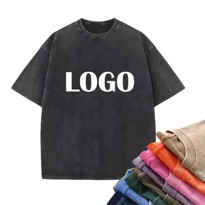 Camiseta lavada con ácido Vintage personalizada de algodón pesado con logotipo de piedra, camiseta desgastada para hombres y mujeres, Camiseta con estampado DTG de gran tamaño negra