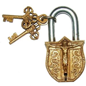 Keyed Brass Door Lock <b>Padlock</b> with Crucifix Relief Jesus Christ on the Cross Waterproof Safety Function - Product Image 1