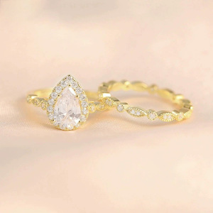 Fine Pear Cut 1.5CT Cubic Zirconia <strong>Stacks</strong> <strong>Ring</strong> Set 925 Sterling Silver Gold Plated Non Tarnish Couple Matching Jewelry for Women - Product Image 3