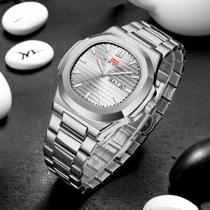 นาฬิกาข้อมือดีไซน์หรูหราสองสีทองสำหรับผู้ชาย หน้าปัดลายเส้น ควอตซ์ พร้อมวันที่และสัปดาห์ นาฬิกาธุรกิจระดับพรีเมียม - Product Image 2