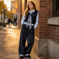 Gilet pull sans manches en maille col en V bleu marine pour femme, style uniforme scolaire JK, haut preppy, vente en gros OEM
