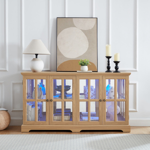 Vitrina Moderna LED con Puertas de Vidrio, Estantes Ajustables, para Coleccionables, 4 Puertas, para Hogar/Oficina, MDF Roble + Acrílico - Product Image 1