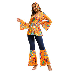 Costume disco des années 70 pour femmes, 3 pièces, ensemble de vêtements imprimés hippie des années <span class=keywords><strong>80</strong></span>, bandeau, <span class=keywords><strong>déguisement</strong></span> rétro disco pour fête d'Halloween - Product Image 1