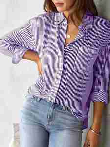 I-0616 Camisa Casual de Primavera para Mujer con Bolsillos, Rayas, Manga Larga, Blusa Holgada, Cuello Clásico con Botones - Product Image 6