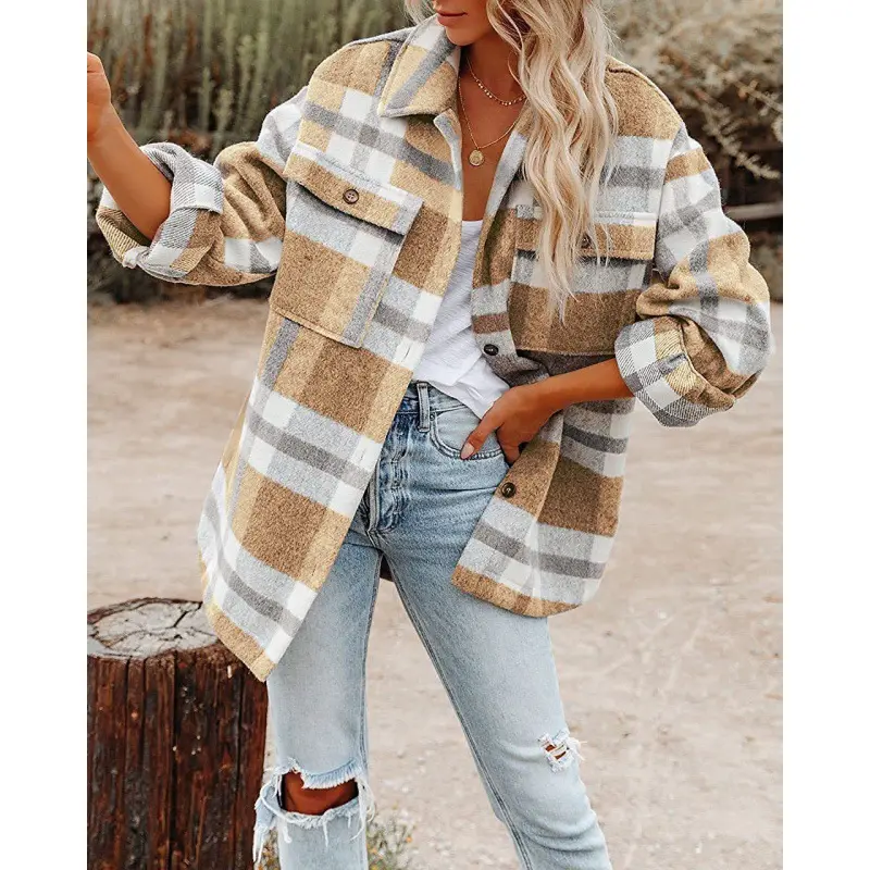 wholesale flannel shirt plaid wool coat hot sale winter coats western fashion wool coat women 2024