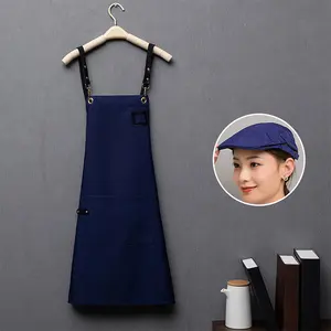 Navy Blue Color Cotton Polyester Chef Apron Black Kitchen Crafting Baking Restaurant Cotton Men Women Adjustable Apron