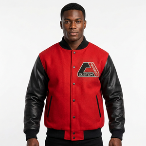 Chaqueta Varsity Roja Personalizada con Bordado para Hombre, Mangas de Cuero, Diseño con Parches Frontales, Ropa Casual de Invierno, Estilo Letterman - Product Image 1