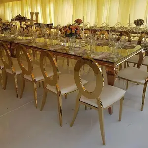 تصاميم الزجاج سيقان معدنية الفولاذ المقاوم للصدأ الزفاف طاولة لتناول الطعام والقهوة مجموعة 6 كراسي