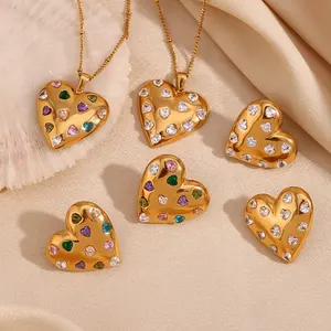 Statement Colorful Zircon Pendant Necklace 18k Gold Plated Jewelry Set Stainless Steel Necklace Earring