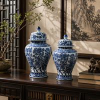 Pot décoratif en céramique bleu et blanc, motif floral, avec couvercle, pour table console, armoire, décoration de salon