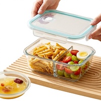 Glazen magnetronbestendige lunchbox met modern minimalistisch design, dubbele compartimenten, voor het bewaren van maaltijden en fruit in de koelkast.