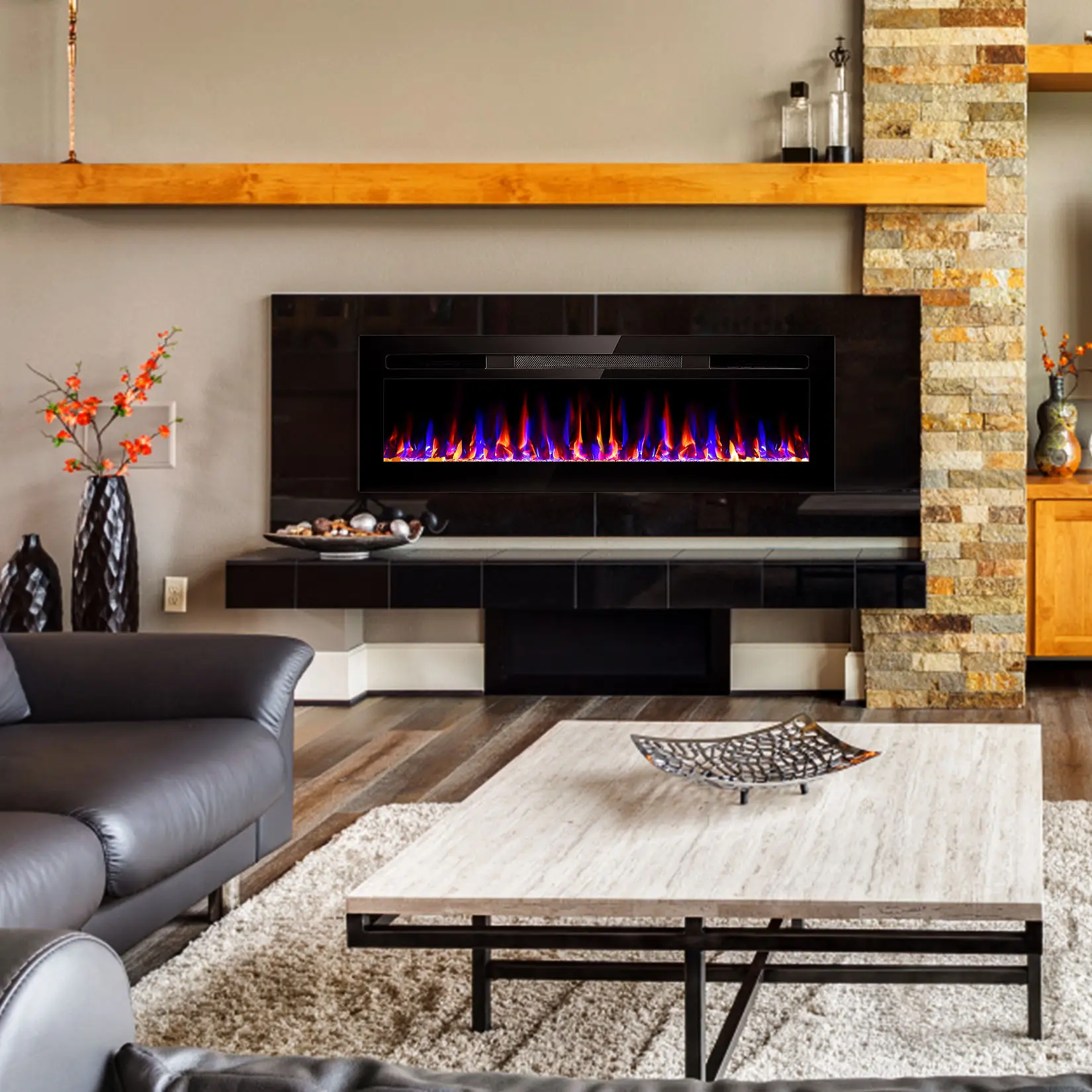 43 дюймов домашний декоративный настенный Электрический камин с 12 пламенем и светодиодным пламенем кровать цветовые Режимы регулируемый таймер температуры