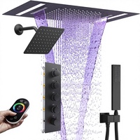 Système de douche spa de luxe en laiton avec robinets thermostatiques à 5 poignées, double jet de pluie, tête murale LED 14x20 pouces, finition noir mat