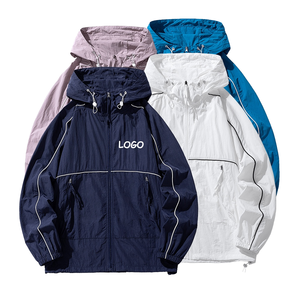 Custom Coated Spring Casual <b>Lightweight</b> Windproof Hooded Zipper <b>Jacket</b> <b>for</b> <b>Men</b> in Navy White Blue Pink Solid Color - Product Image 1