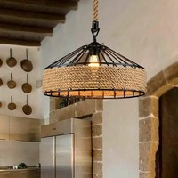 Petite lampe suspendue de style industriel américain avec hauteur réglable, économe en énergie, en fer forgé et corde de chanvre