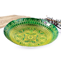 Vente en gros de plateaux à fruits en verre décoratifs peints à la main de 40 cm, vert et or, ornés de motifs en relief, pour la décoration de table, bol en verre