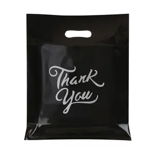 Bolsa de plástico para compras, venda no atacado personalizado poly preto agradecimento