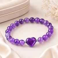 Bracelet extensible en perles de cœur en améthyste naturelle de 8 mm, cristal violet, bijoux, cadeau, vente en gros