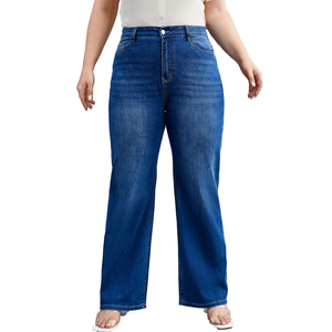 Pantalones Vaqueros Casuales de Talle Grande de Alta Calidad, Cintura Alta, Azul Oscuro, Rectos, Elásticos, de Pierna Ancha, para Verano, Buen Precio, para Mamás - Product Image 5