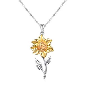 Sie sind mein Sonnenschein 925 Sterling Silber cz zweifarbige Sonnenblumen Anhänger Halskette